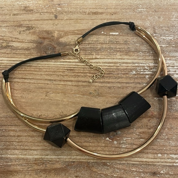 Vintage GVS Gold Black Wooden Double Strand Choker Collar Statement Necklace - Picture 3 of 4